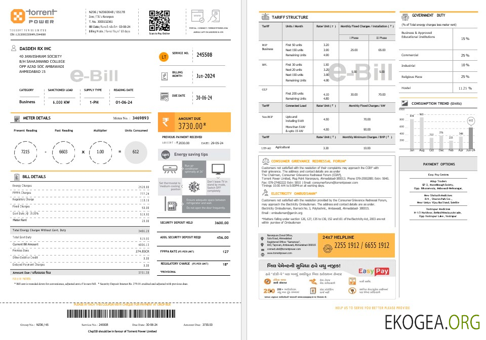 Modèle Word et PDF de facture de services publics d'entreprise INDIA TORRENT POWER